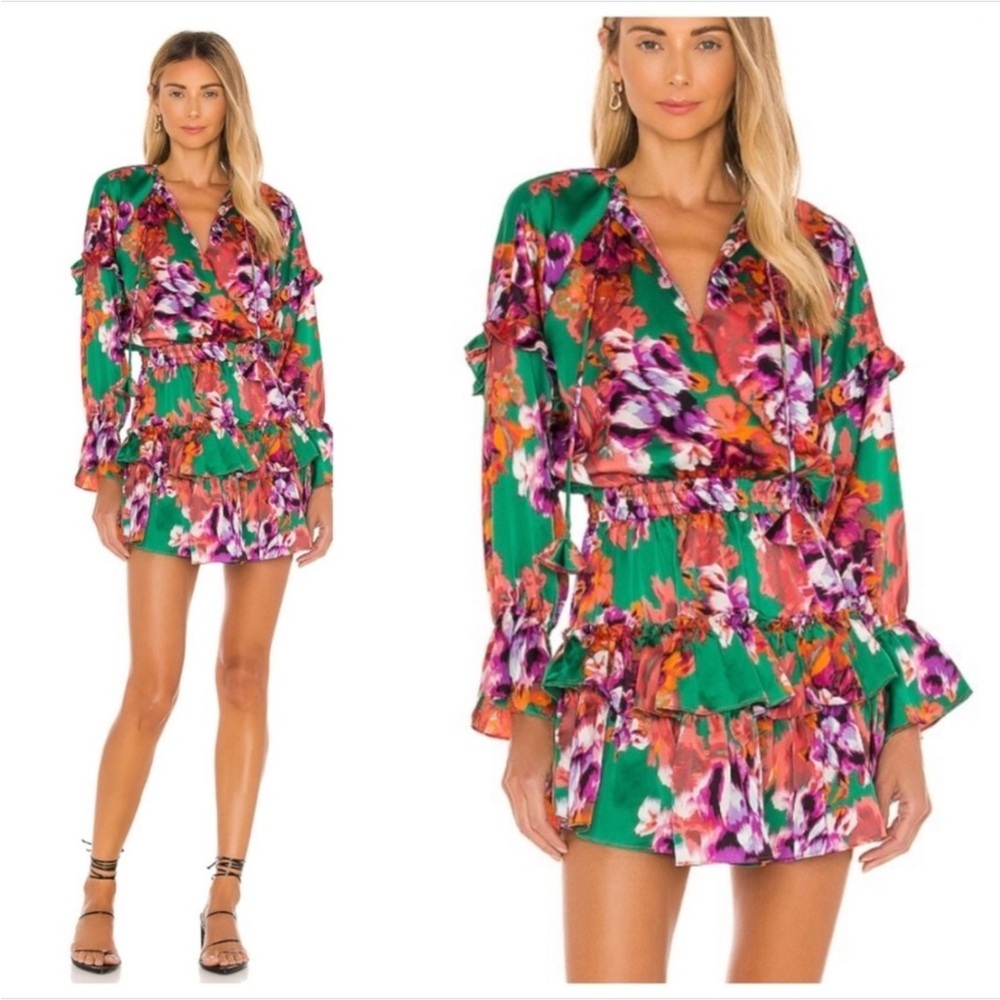 Misa Los Angeles Floral Long Sleeve Dress - Green and Purple